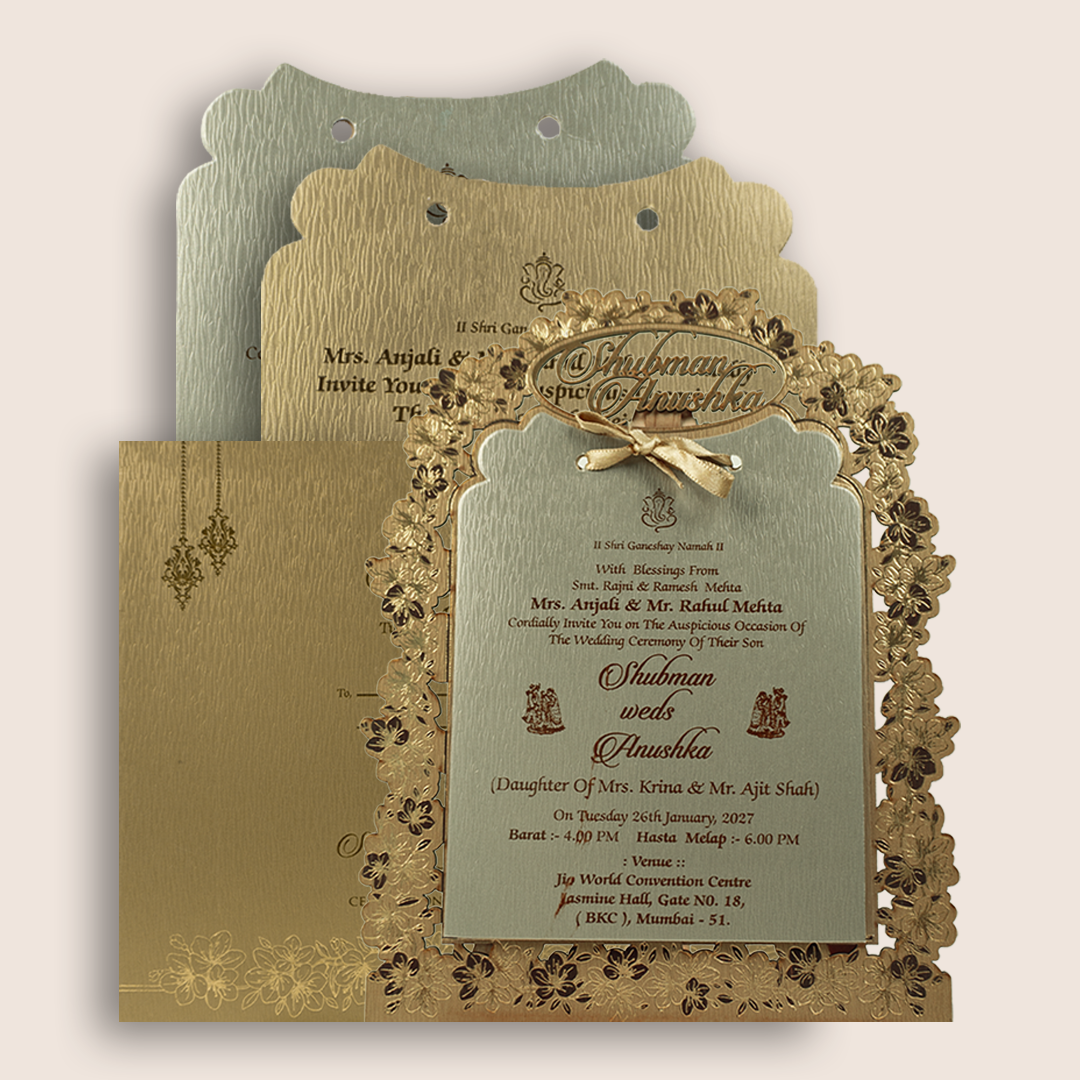 Gold Floral MDF Laser Cut Wedding Invitation Card - KRB09142