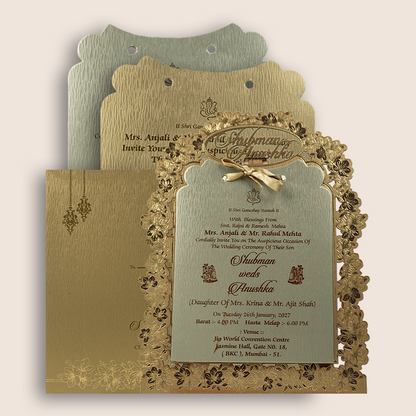 Gold Floral MDF Laser Cut Wedding Invitation Card - KRB09142