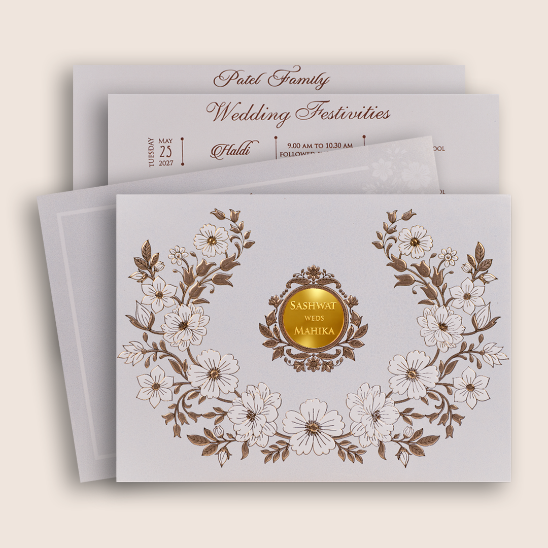 Ivory Embossed Floral Padded Wedding Invitation Card - KRE29250