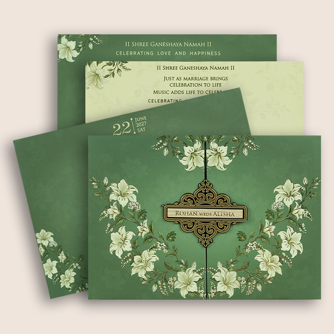 Dark Green Lilly Flower Door Style Padded Marriage Card - KFR17380