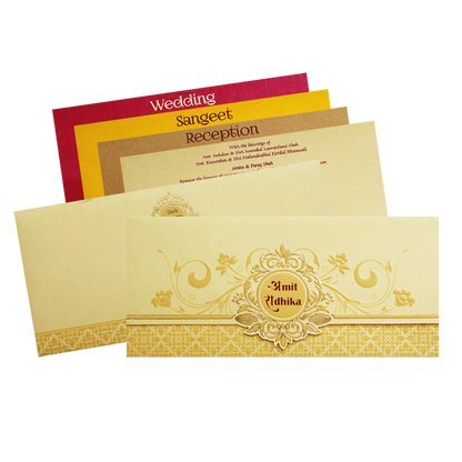 Ivory Gold Embossed Floral Wedding Invitation Card-KPR06290
