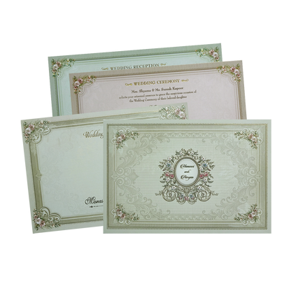 Check out Classic Green Ornate Floral Padded Wedding Card at best price. ?WhatsApp Support ?Express Delivery.