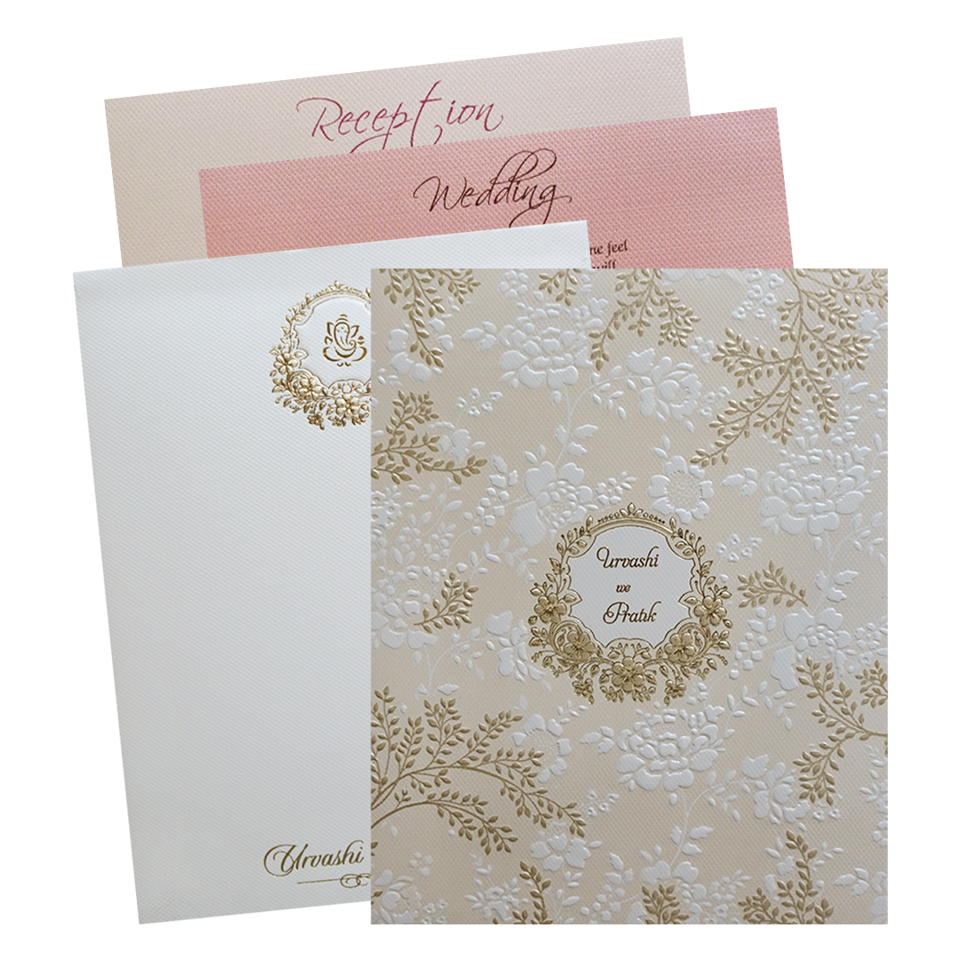 Cream Embossed Floral Padded Wedding Card-KMMWD1117