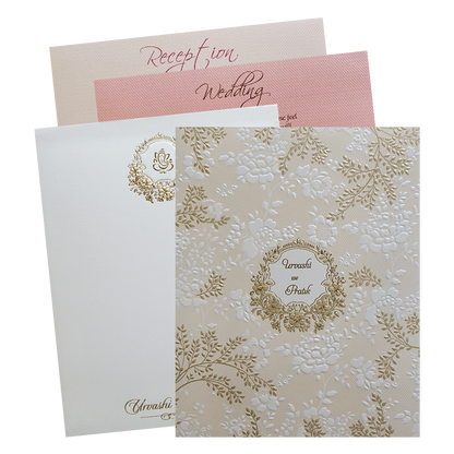 Cream Embossed Floral Padded Wedding Card-KMMWD1117