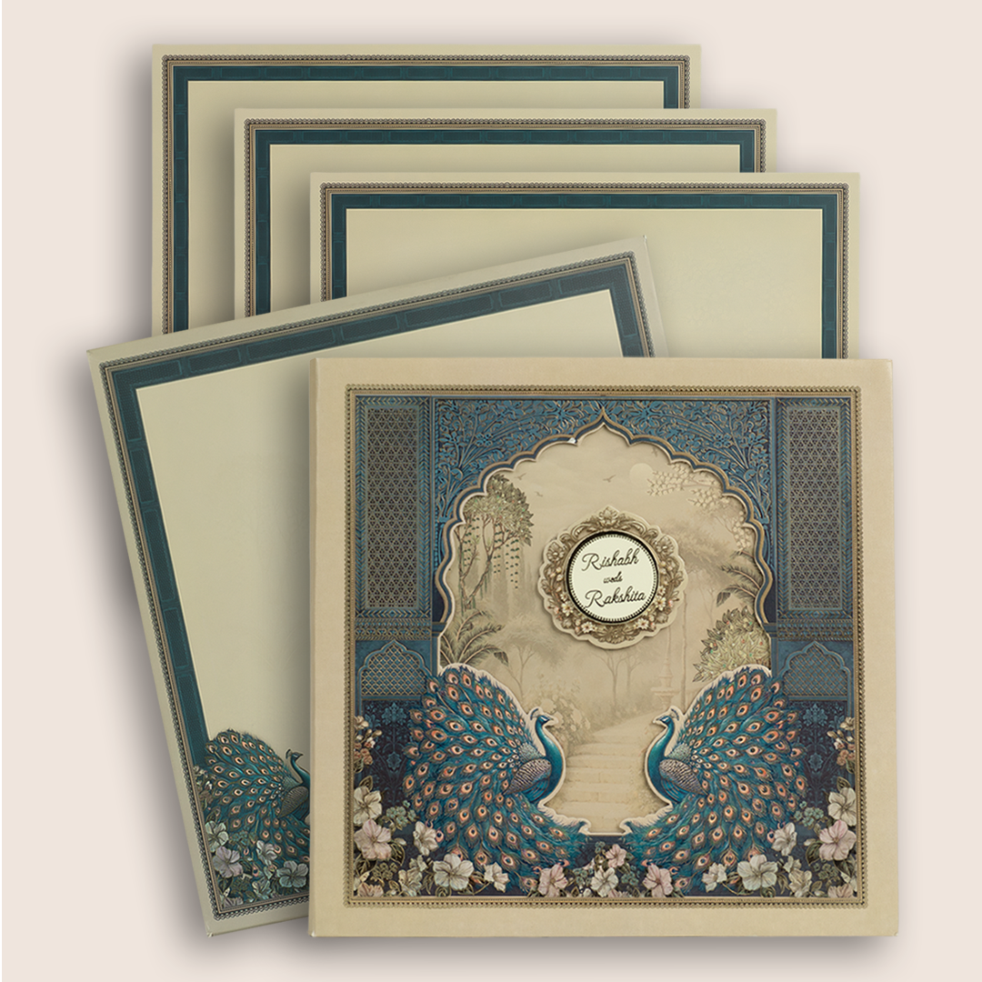 Blue Padded Floral Peacock Laser Cut Wedding Card - KAA06240