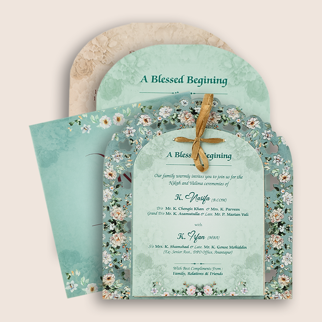 Blue Floral MDF Laser Cut Invitation Card-KNKA8062