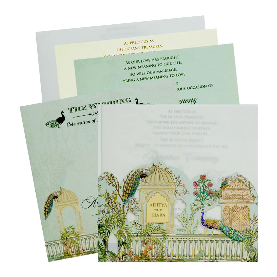 Pastel Green Peacock Dome Wedding Card-KFR15200