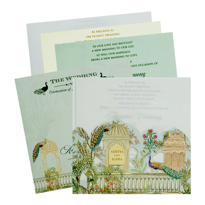 Pastel Green Peacock Dome Wedding Card-KFR15200