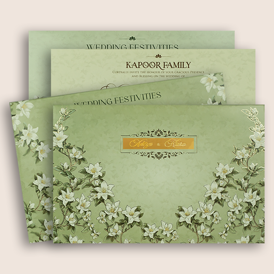 Olive Green Embossed Lilly Flower Padded Wedding Invitation - KFR17430