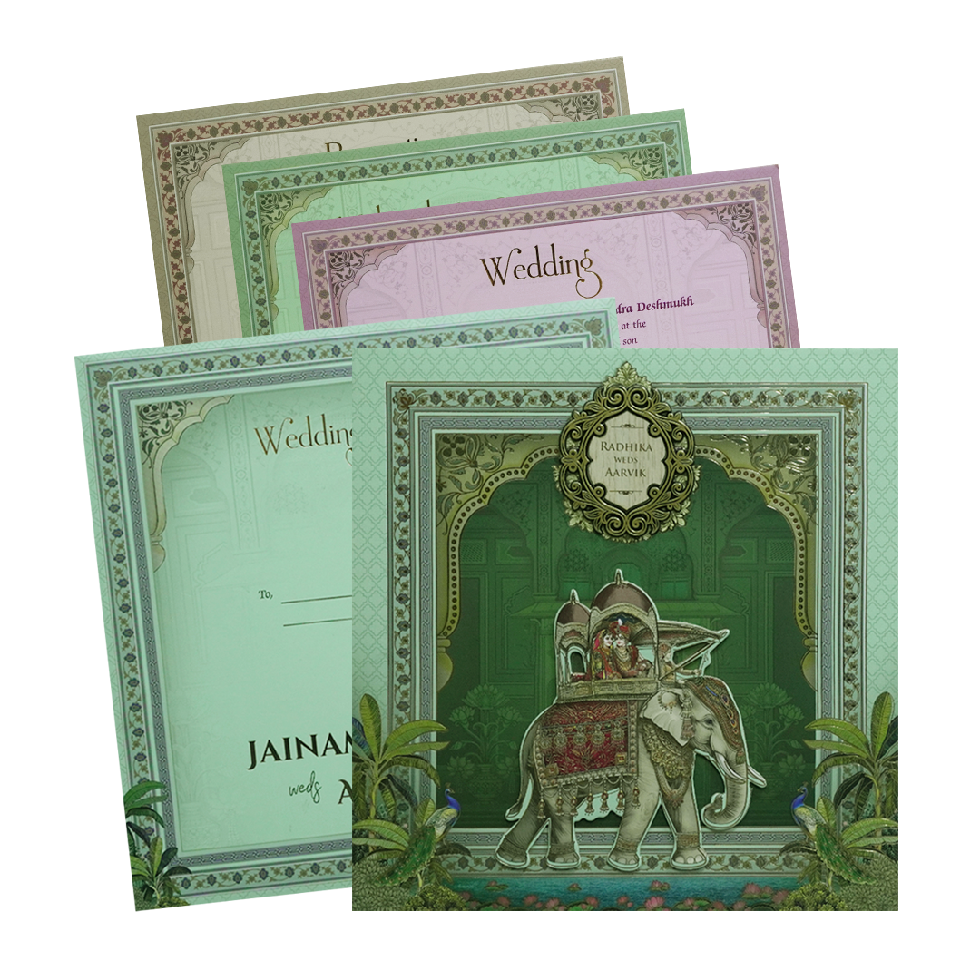 Green Royal Elephant Padded Wedding Card - KSH72650