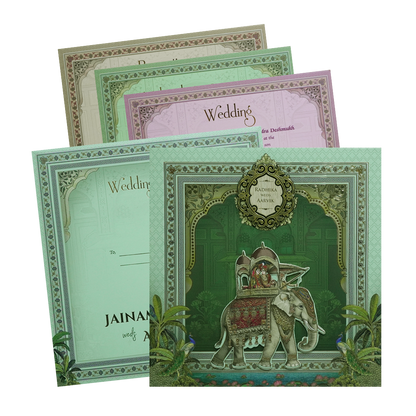 Green Royal Elephant Padded Wedding Card - KSH72650