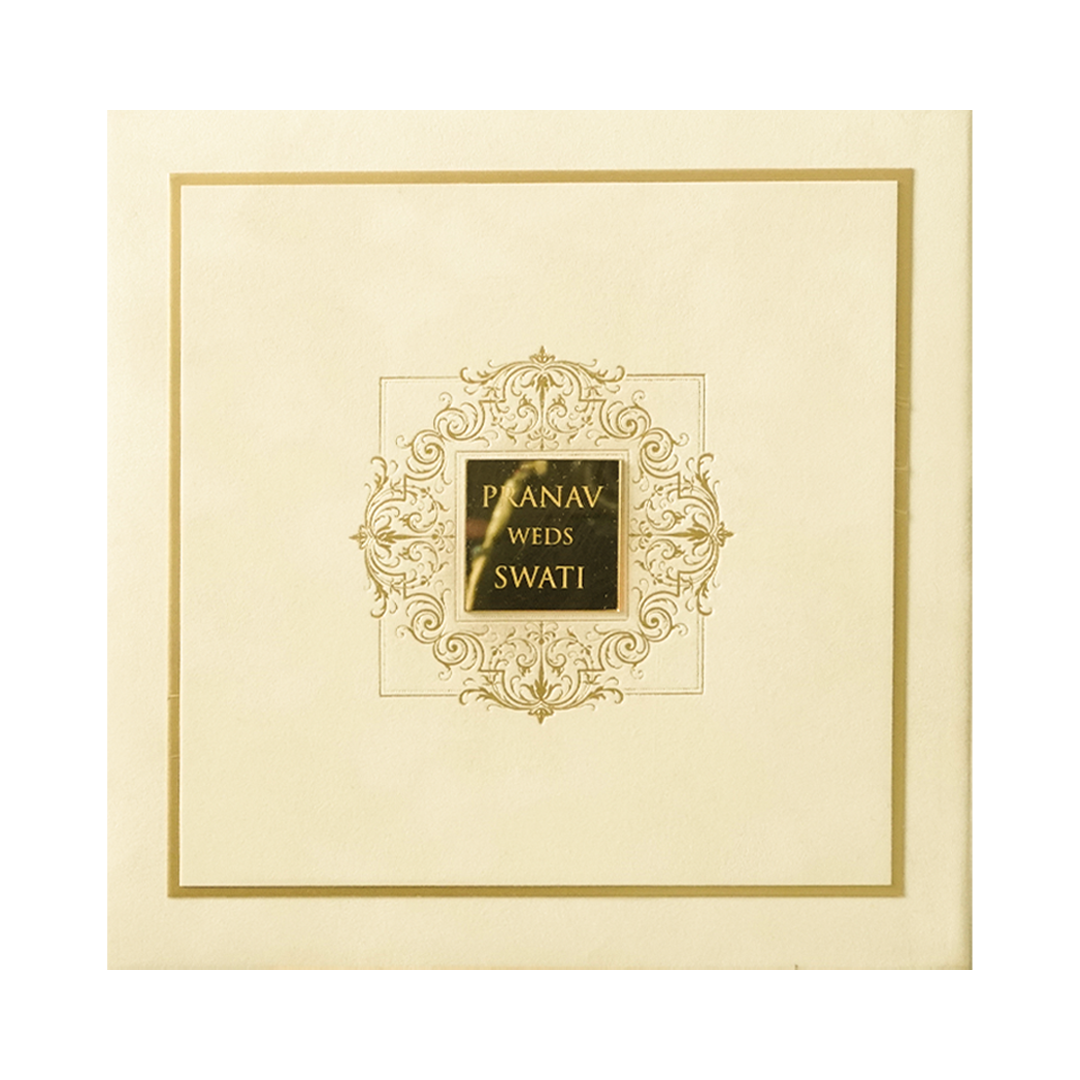 Cream Square Emblem Padded Wedding Card-KMMWD1162