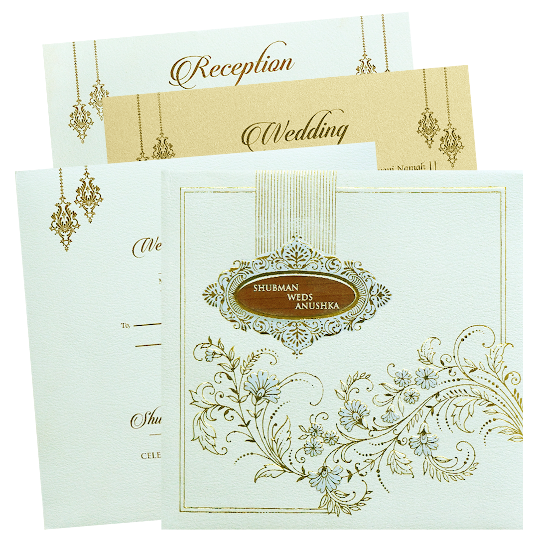 White Gold Embossed Padded Floral Wedding Invitation Card-KRB09580