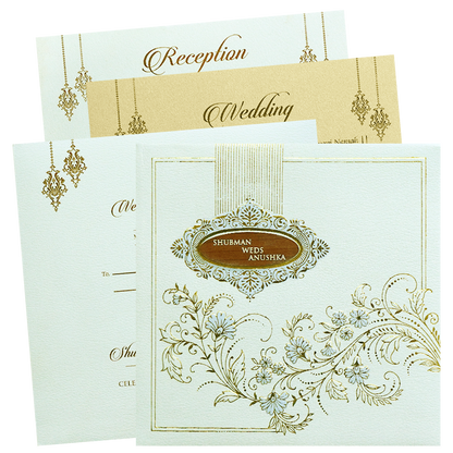 White Gold Embossed Padded Floral Wedding Invitation Card-KRB09580