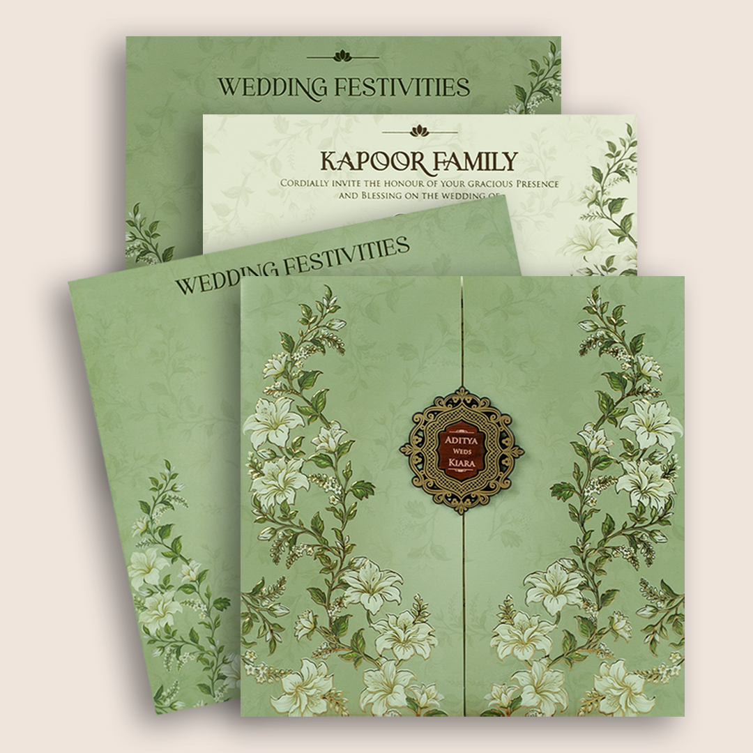 Green Embossed Lilly Flower Door Style Wedding Card - KFR17170
