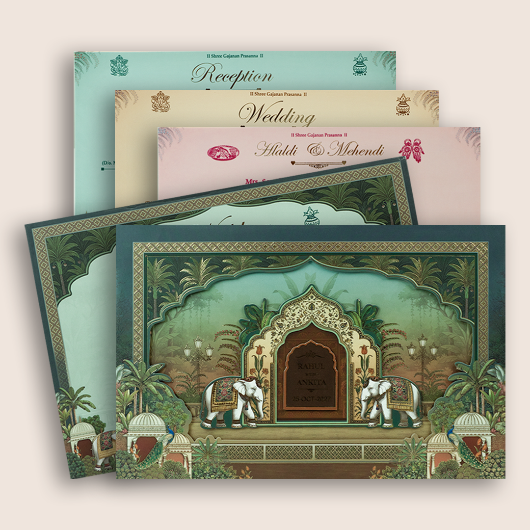 Green Elephant Laser Cut Padded Wedding Card - KSH18020