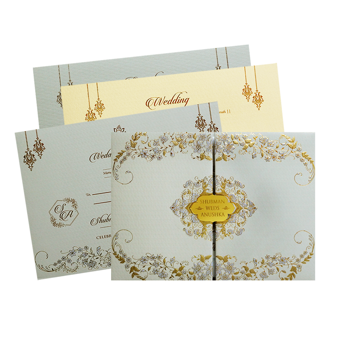 Grey Padded Embossed Floral Wedding Invitation Card-KRB09751