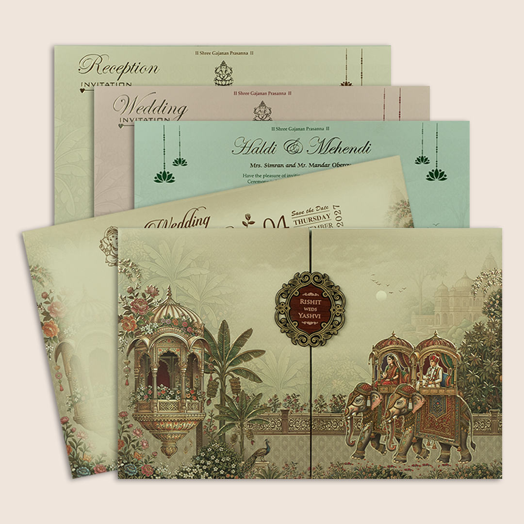 Beige Embossed Royal Baraat Door Padded Marriage Card - KSH18140