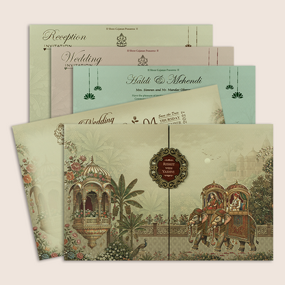 Beige Embossed Royal Baraat Door Padded Marriage Card - KSH18140