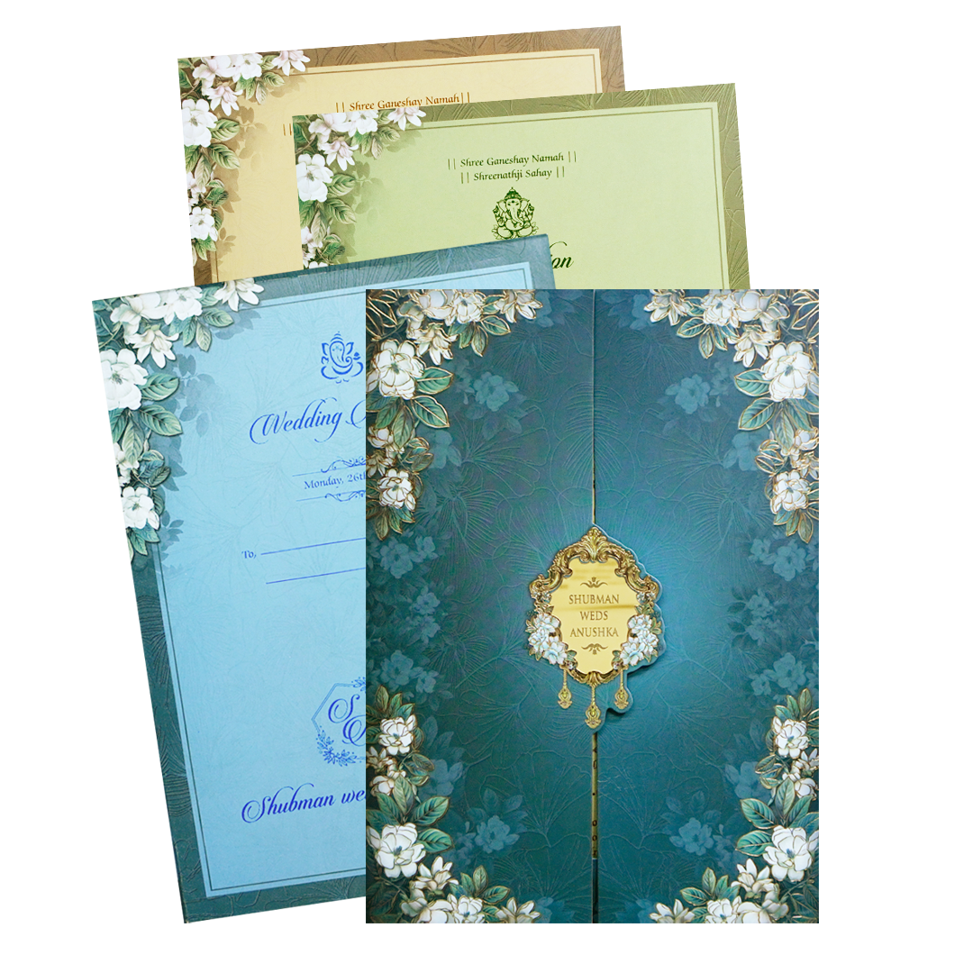 Royal Blue Embossed Gold Foil Door Style Wedding Invitation Card-KRB09050