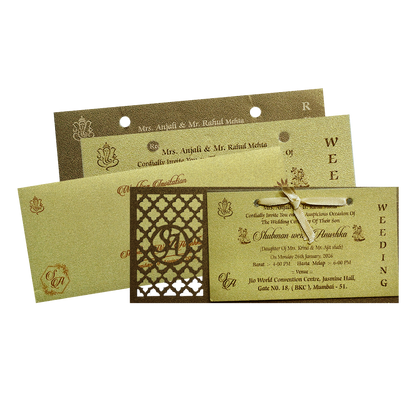 Gold MDF Laser Cutout Wedding Invitation Card with Custom Initials-KRB07030