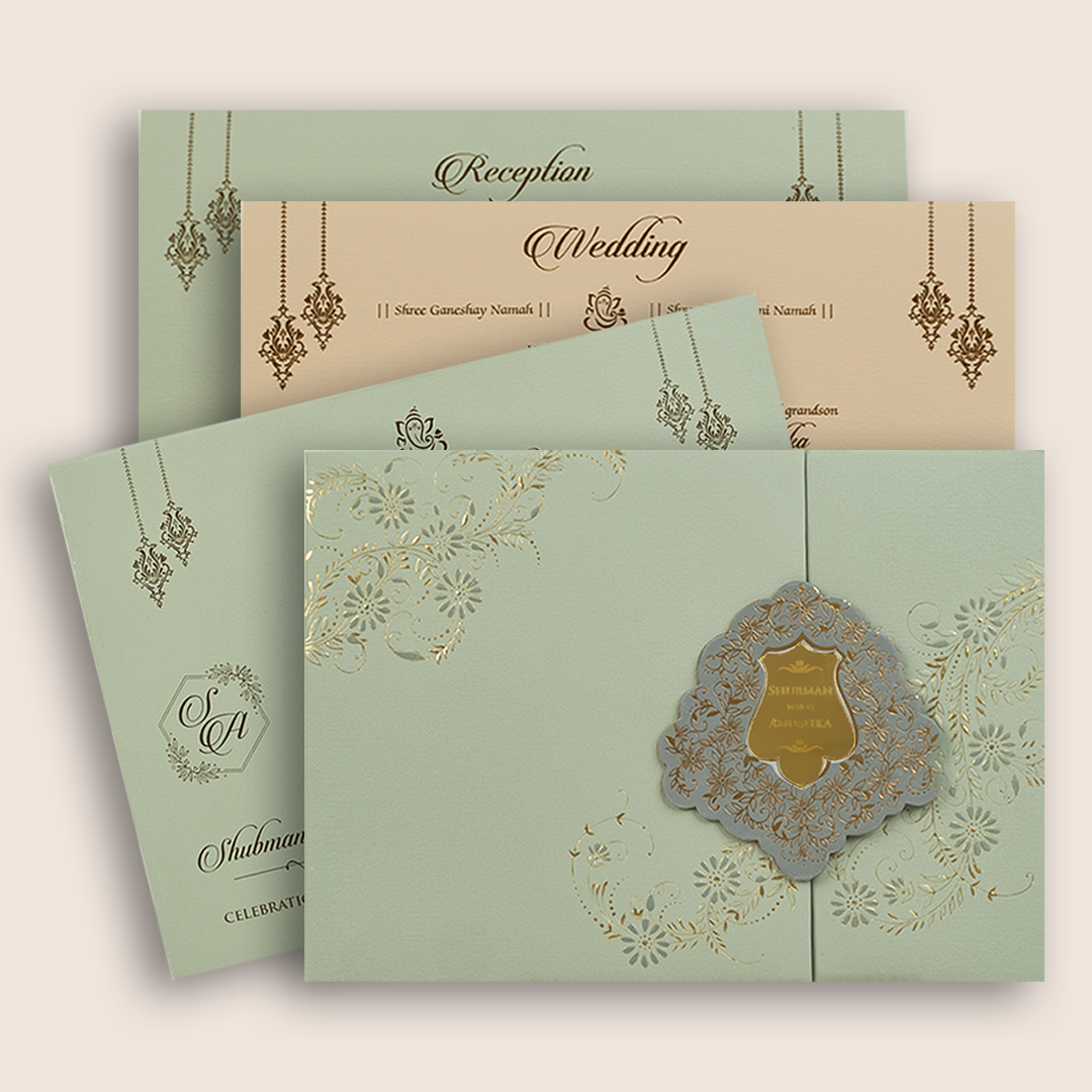 Pastel Green Embossed Floral Door Style Padded Marriage Card - KRB10461