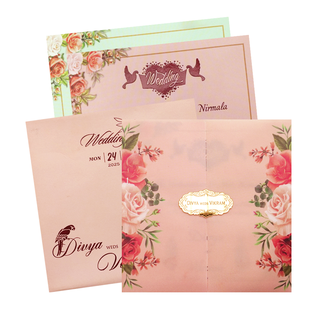 Peach Rose Floral Door Wedding Card-KNCY001S