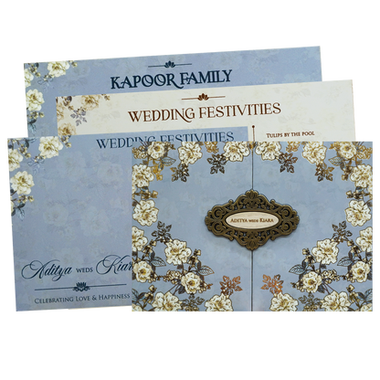 Blue Golden Floral Padded Wedding Card - KFR16400