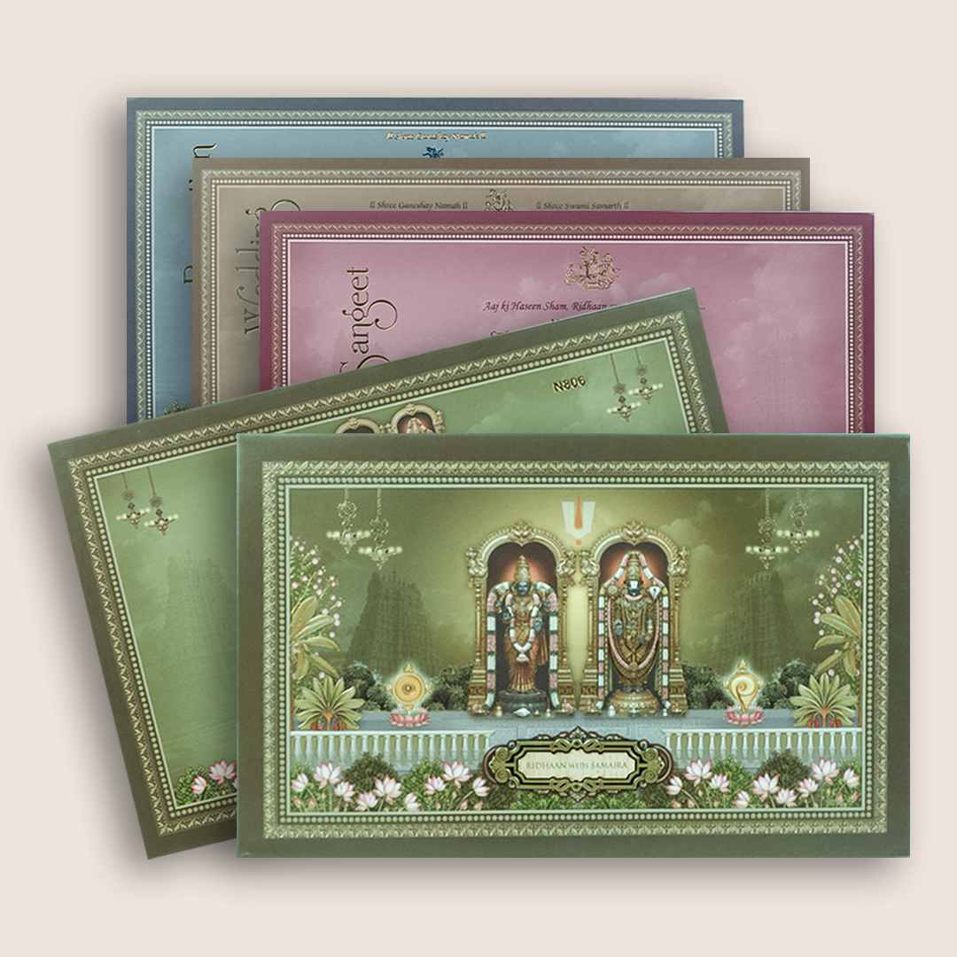 Green Lord Balaji Padmavathi Padded Marriage Card - KVN08060