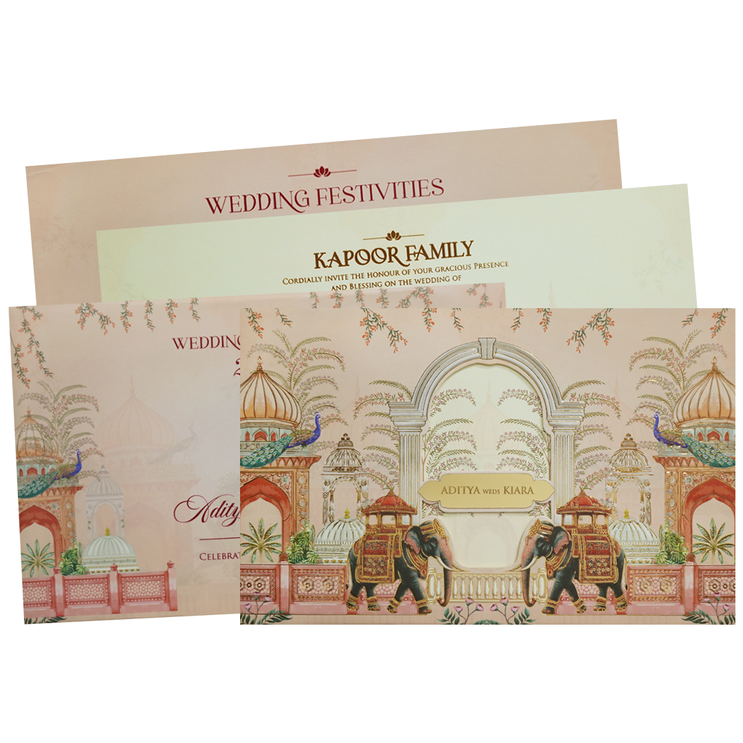 Cream Palace Elephant Theme Wedding Card - KFR16340