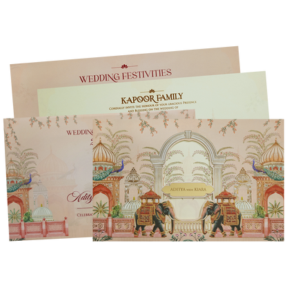 Cream Palace Elephant Theme Wedding Card - KFR16340