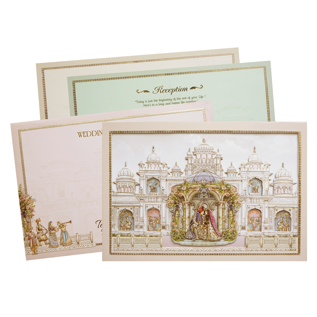 Grey Palace Laser Cut Padded 3D Couple Wedding Card-KMMEX8120