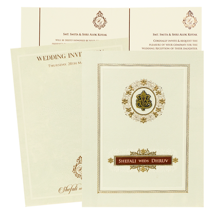 White Embossed Ganesha Wedding card-KRE28470