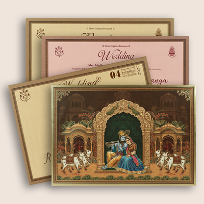 Brown Radha Krishna Padded Wedding Invitation Card - KSH18220