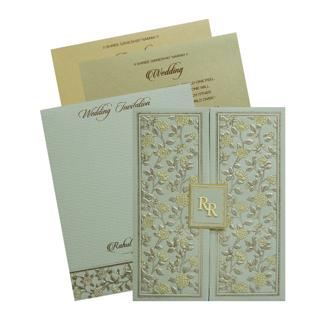 Check out Green Gold Floral Double Door Padded Wedding Card at best price. ?WhatsApp Support ?Express Delivery.