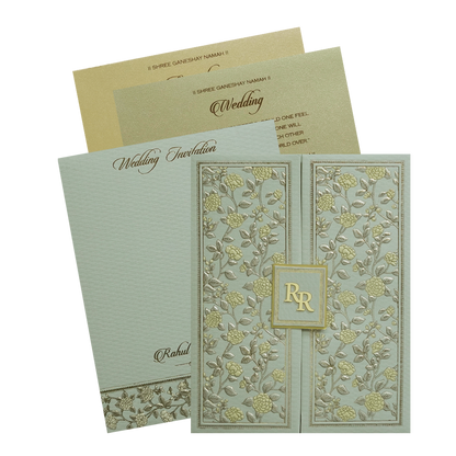 Check out Green Gold Floral Double Door Padded Wedding Card at best price. ?WhatsApp Support ?Express Delivery.