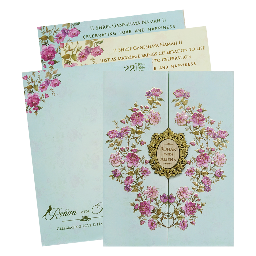 Mint Blue Floral Wedding Card - KFR16360