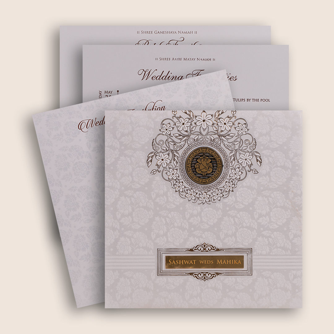 White Embossed Floral Padded Wedding Card - KRE29100