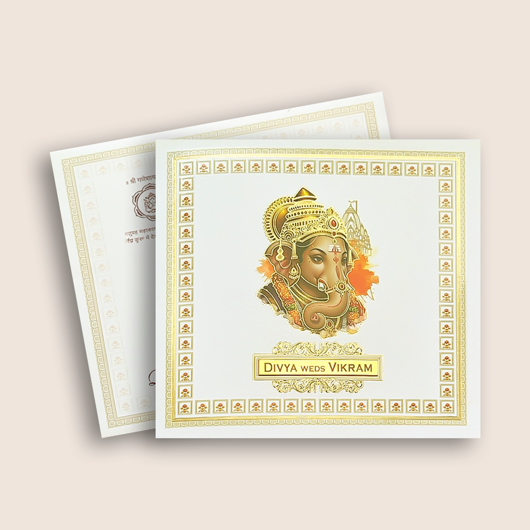 White Ganesha Floral Wedding Card - KNKD8115