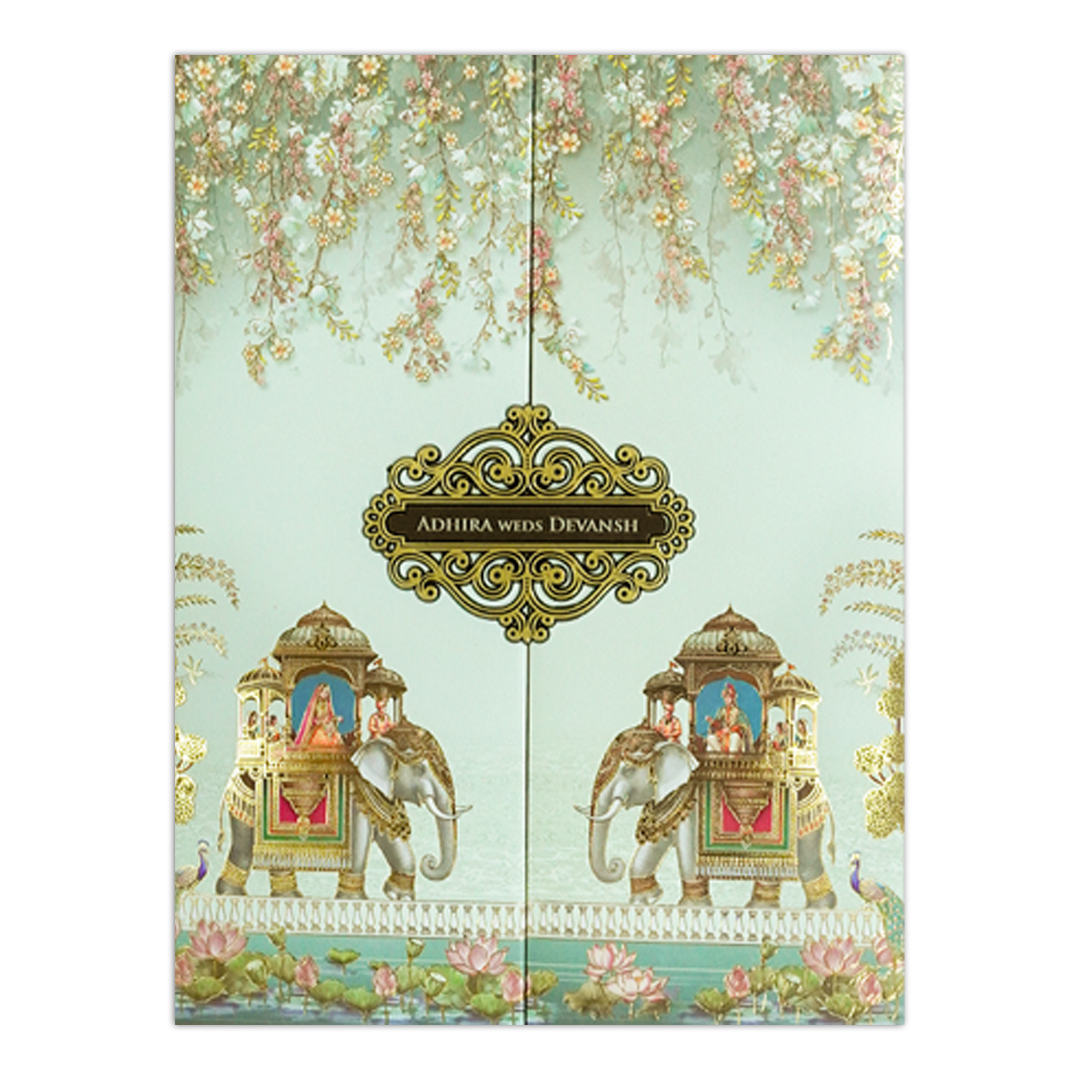 Green Floral Elephant Procession Wedding Card-KSH72440