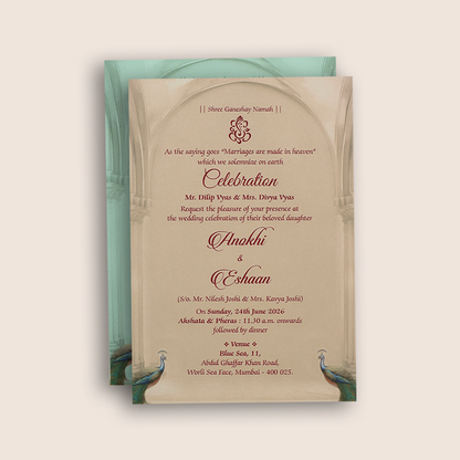 Beige Peacock Door Style Padded Invitation Card- KJTS3677
