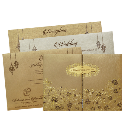 Gold Padded Embossed Floral Wedding Invitation Card-KRB09761