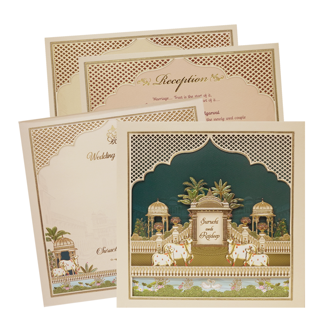 Palace Cream &amp; Blue Padded Wedding Card-KMMEX8070