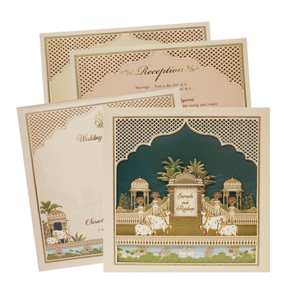 Palace Cream &amp; Blue Padded Wedding Card-KMMEX8070