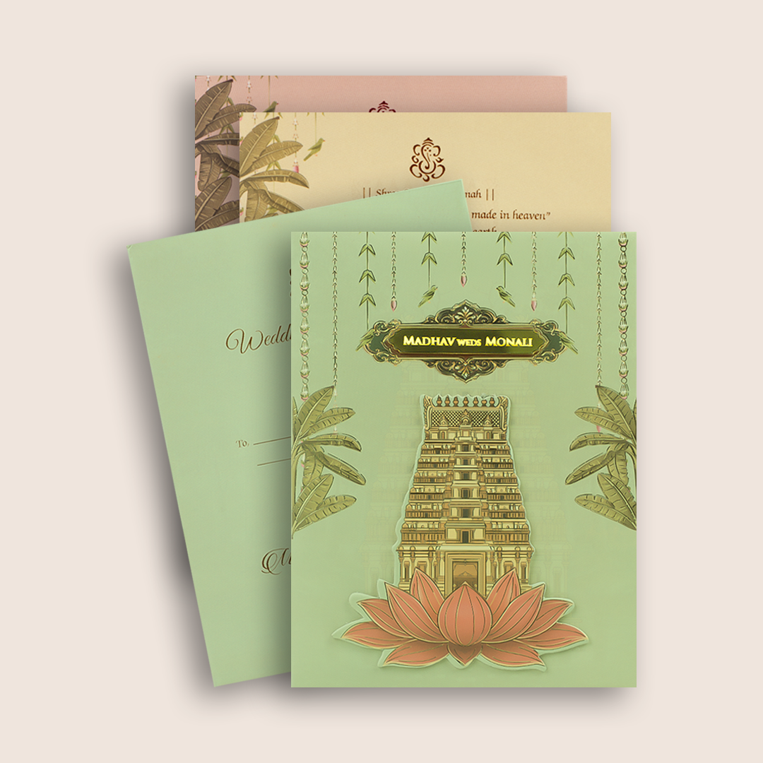Light Green Floral  Padded  Wedding Card - KJTS3704