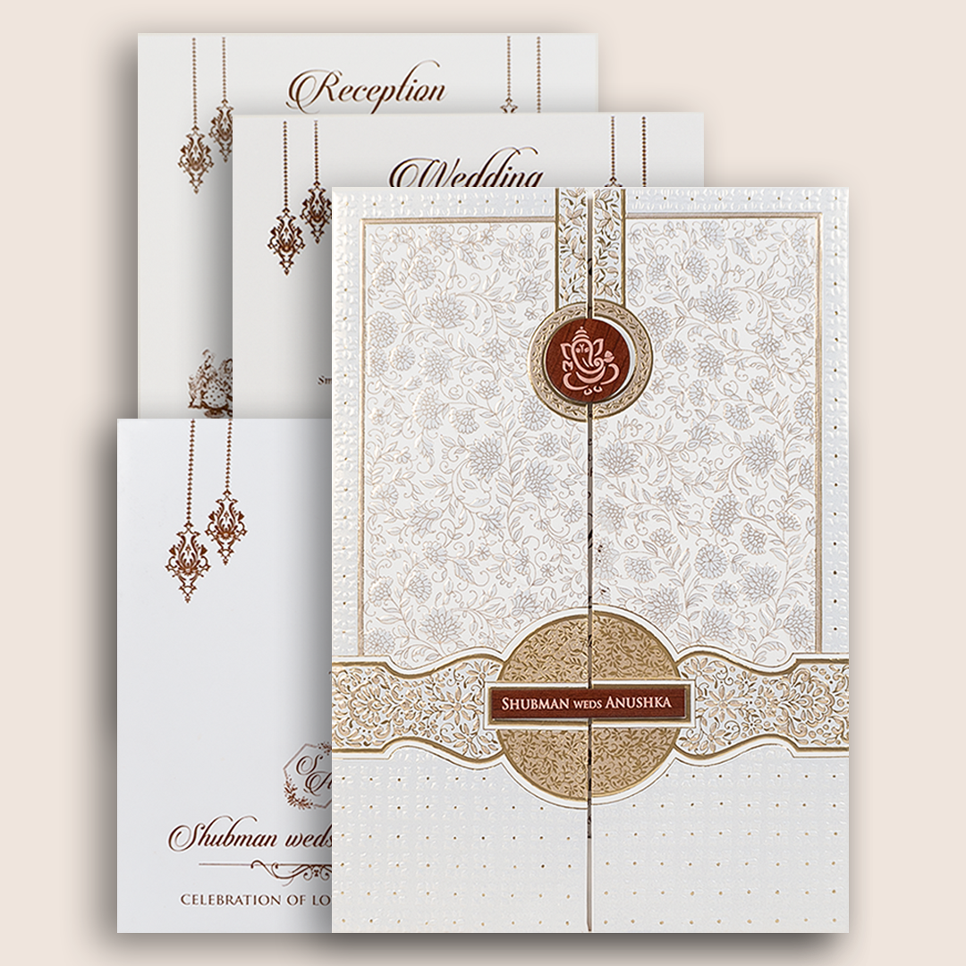 White Embossed Floral Door Style Padded Wedding Card - KRB10410