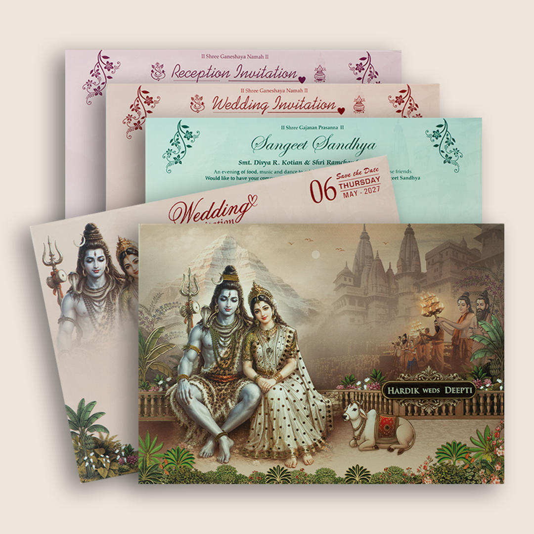 Peach Lord Shiva Parvathi Padded Wedding Invitation -KSH18200
