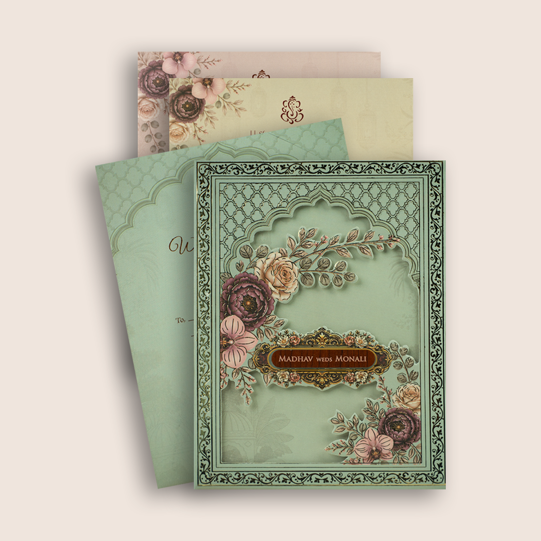 Pastel Green Floral Laser Cut Padded Invitation Card - KJTS3702