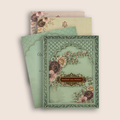 Pastel Green Floral Laser Cut Padded Invitation Card - KJTS3702