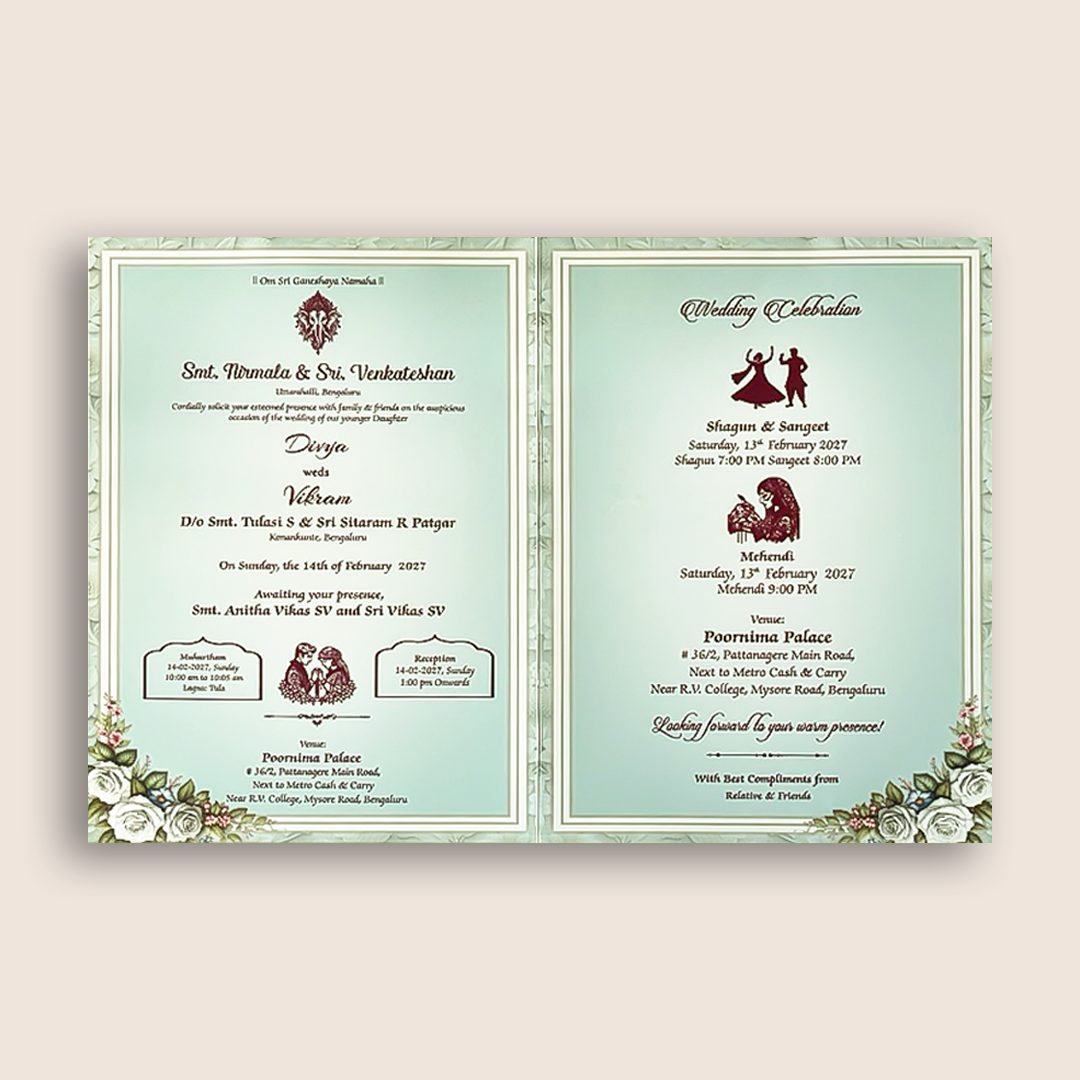 Pastel Blue Laser-Cut Floral Bag Style Wedding Card - KNAS3105